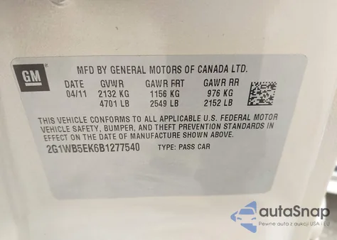 2011 Chevrolet Impala Lt из США, поврежденный, VIN 2G1WB5EK6B1277540